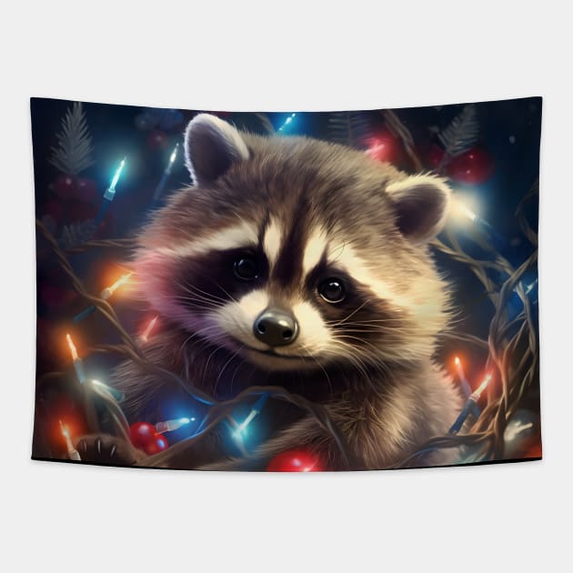 Christmas raccoon Tapestry by beangeerie