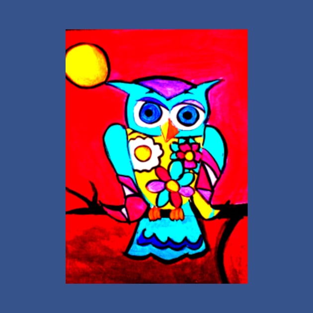 Colorful Floral Print Owl & Red Sky by artbyomega