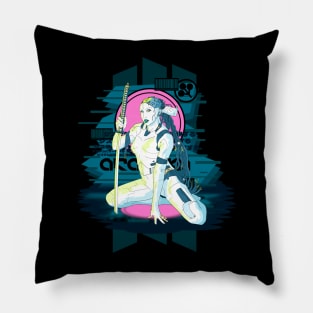 hot robot holding a katana, cyberpunk design. pink and blue. Pillow