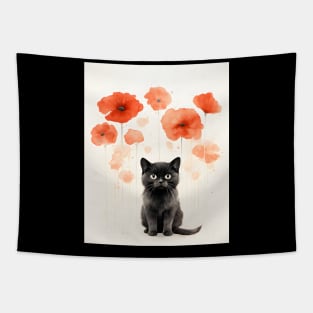 Retro Watercolor Cat and Poppies Flowers | Vintage-Inspired Artwork Tapestry