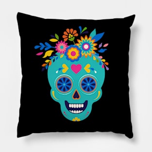 Dia De Los Muertos Skull Turquoise Pillow