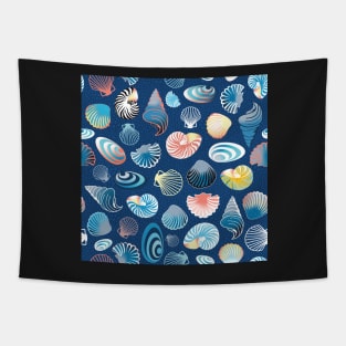 colorful sea shells on dark blue background Tapestry