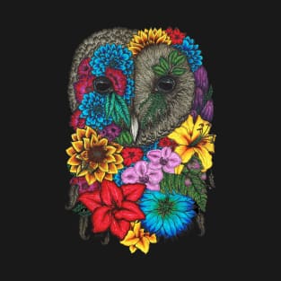 Floral Owl Color Black Background T-Shirt