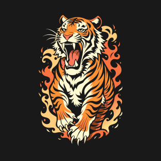 Tiger with Flames Backprint Black T-Shirt