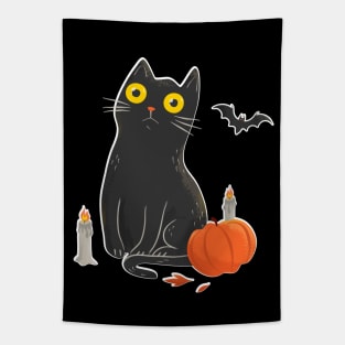 Intense Gaze Black Cat in Halloween Tapestry