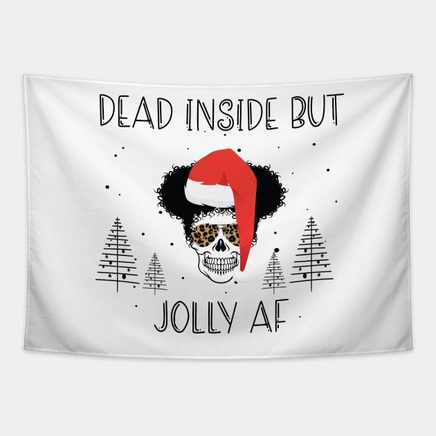 Funny Afro Skull Christmas Hat - Dead Inside But Jolly AF Christmas Skeleton - Christmas Skull Messy Bun Tapestry by WassilArt