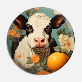 Retro Vintage Country Cow Floral Design - Rustic Farmhouse Art Pin