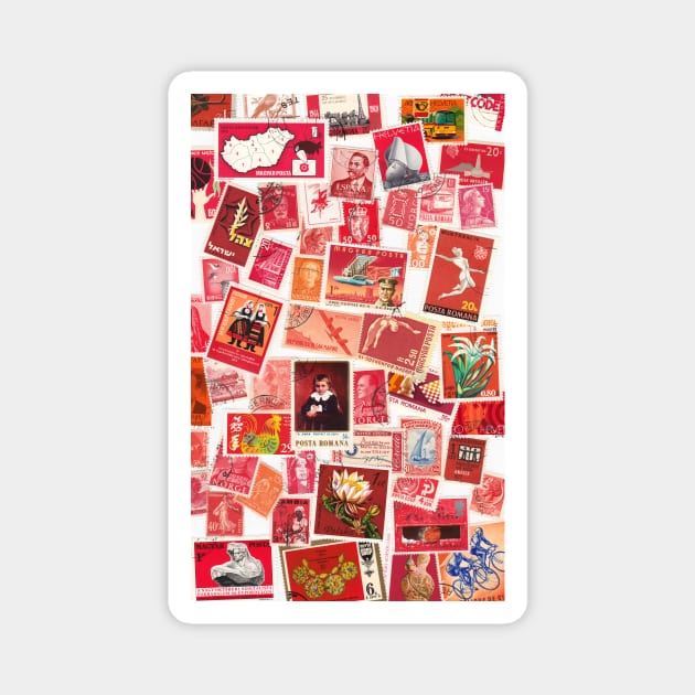 All over the world - postage stamps red Magnet by kittyvdheuvel