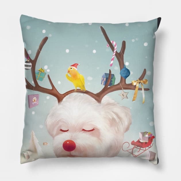 Puppy in Reindeer Antlers Pillow by zkozkohi