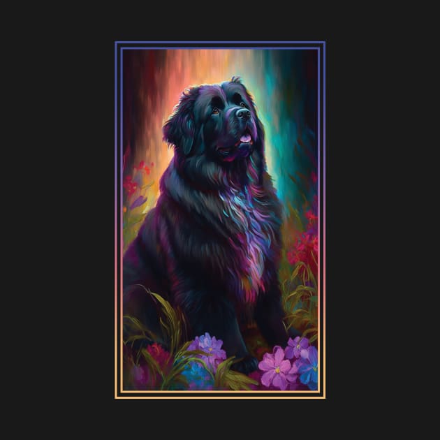 Newfoundland Dog Vibrant Tropical Flower Tall Digital Oil Painting Portrait 3 by ArtHouseFlunky