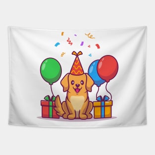Cute Dog Birthday With Gifts And Balloon Tapestry
