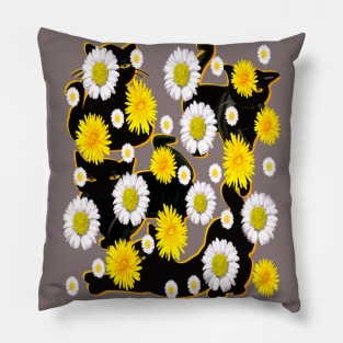 Black Cat silhouette on top of wildflowers feelings pattern black cats  among dandelions And daisies floral bright flowers of spring and summer Pillow