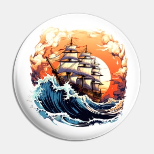 A vintage looking ship sails across the giant waves in a sunset enviornment 3 Pin