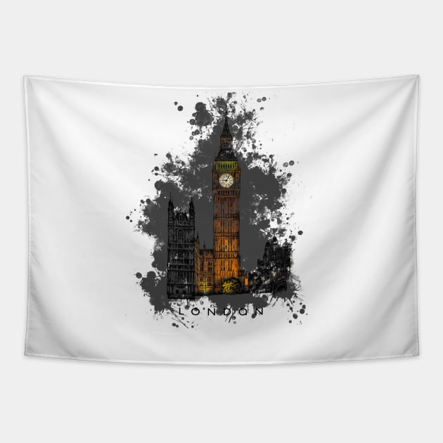 Big Ben with splatter, Tower of London at night, England. Tapestry by PocketRoom