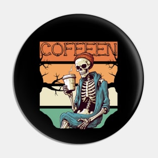 Coffeen - Skeleton Enjoying Coffee, Halloween Graphic Pin