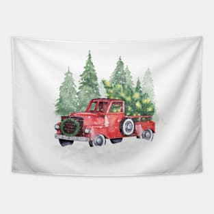 Christmas red truck with Chistmas tree Tapestry