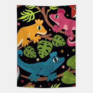 Colourful Crested Geckos with Jungle Leaves and Stars on Black Tapestry