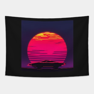 Synthwave sunset with a sports car Tapestry