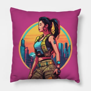 Urban City Warrior Militia Metropolis Woman Cyberpunk Pillow