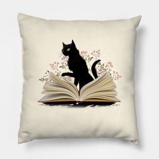 Cat reading a book, watercolor style, flowers growing from book, cats end books lovers lover Pillow