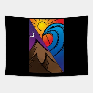 mountains at night on one side, the sunny beach with surf on the other Tapestry