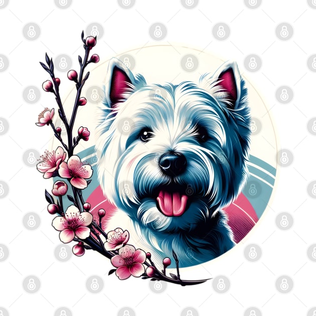 West Highland White Terrier Joy in Spring with Cherry Blossoms and Flowers by ArtRUs