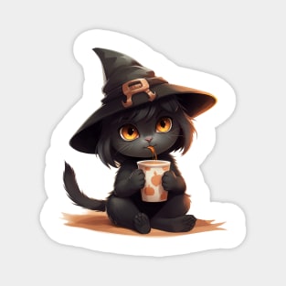 Cartoon black cat wearing a witch hat. Magnet