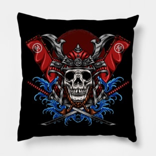 skull head with samurai helmet and katana sword Pillow