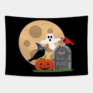 Halloween: Cute Crow and Cardinal Scared by a Ghost - PEEK-A-BOO Tapestry