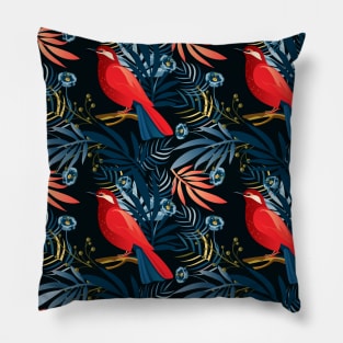 Boho Chic decorative tropical flowers and exotic red bird, Navy Blue floral Art trendy design Christmas Birthday Holiday Decoration Vintage Home Decor, clothes, greeting card, gifts idea Pillow