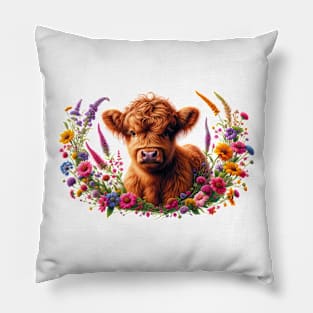 Highland Calf in Wildflowers Pillow