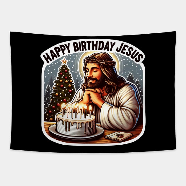 Happy Birthday Jesus Make A Wish Birthday Cake Christmas Trees Snowing Tapestry by Plushism