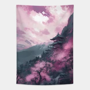 Serene Japanese Temple in Cherry Pink Mountains - Watercolor Painting Tapestry