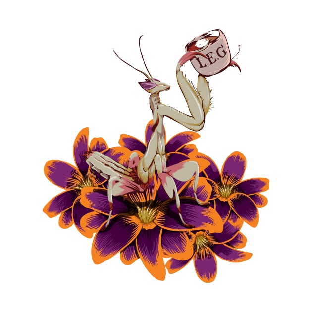 Original White and purple Praying Mantis on orange and Purple Tulips sipping on some Tea. by LegCup