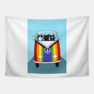 Happy Rainbow Road Trip Cats Tapestry