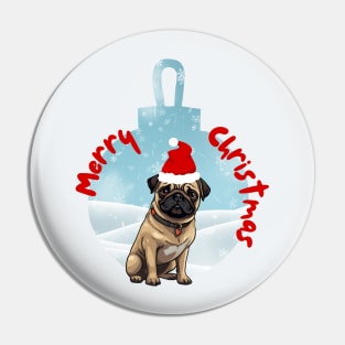 Merry Christmas with Santa Pug Dog in Wintery Xmas Bauble Pin