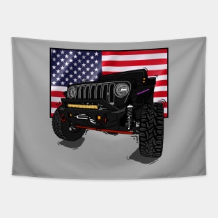 Jeep with American Flag - Black Essential Tapestry