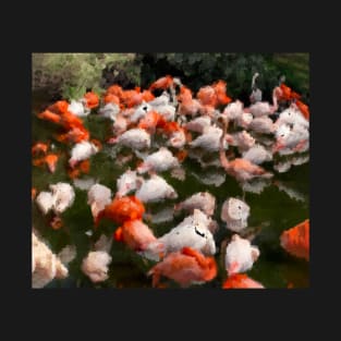 Bunch of Flamingos in a lake oil painting T-Shirt