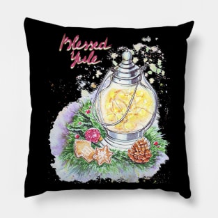 Blessed Yule: Watercolor winter solstice greeting Red letters Pillow