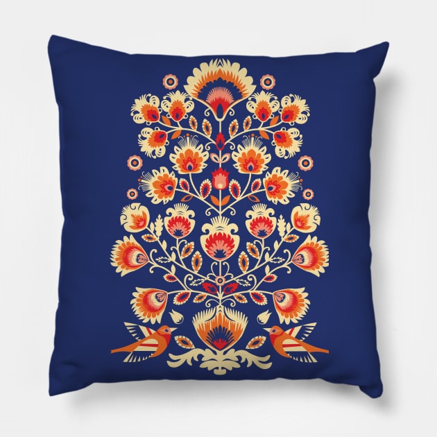 Yellow and orange folklore on dark background Pillow by FK-UK