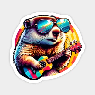 Groovy Groundhog Playing Ukulele fun colorful design Magnet