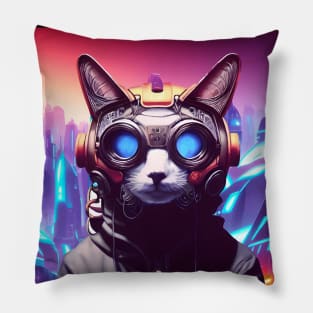 Cool Japanese Techno Cat In Future World Japan Neon City Pillow