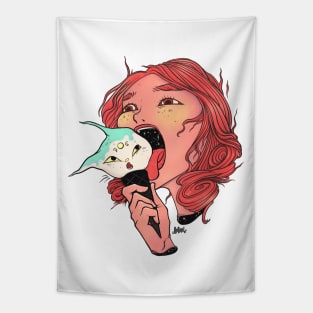 Girl Licking Cat Head Ice Cream Cone Tapestry