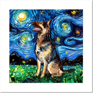 Best Friends Cute Dog and Cat Starry Night Art Print Picture by