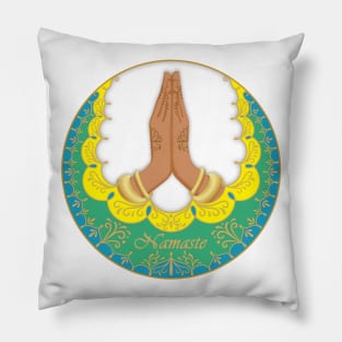 Namaste Hands with a Colorful Mandala Pillow