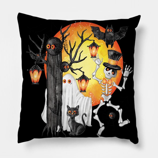 Eerie Halloween Gathering: Skeletons, Ghosts, Bats, Cats, and Crows Pillow by PrezencikABC