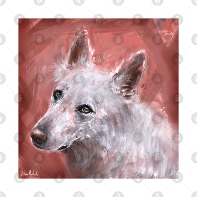 Chaotic Painting of a White Swiss Shepherd on Salmon Pink Background by ibadishi