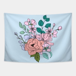 Colorful Line Art Flower bouquet In Pastel Colors Tapestry