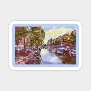 Amsterdam canal boats watercolor art painting Magnet