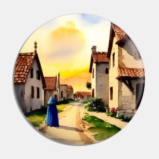 A blue-cloaked figure walking in a medieval village Pin